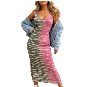 Young Fabulous & Broke Tie Dye Racer Back Maxi Dress Pink Green Ribbed Bodycon L
